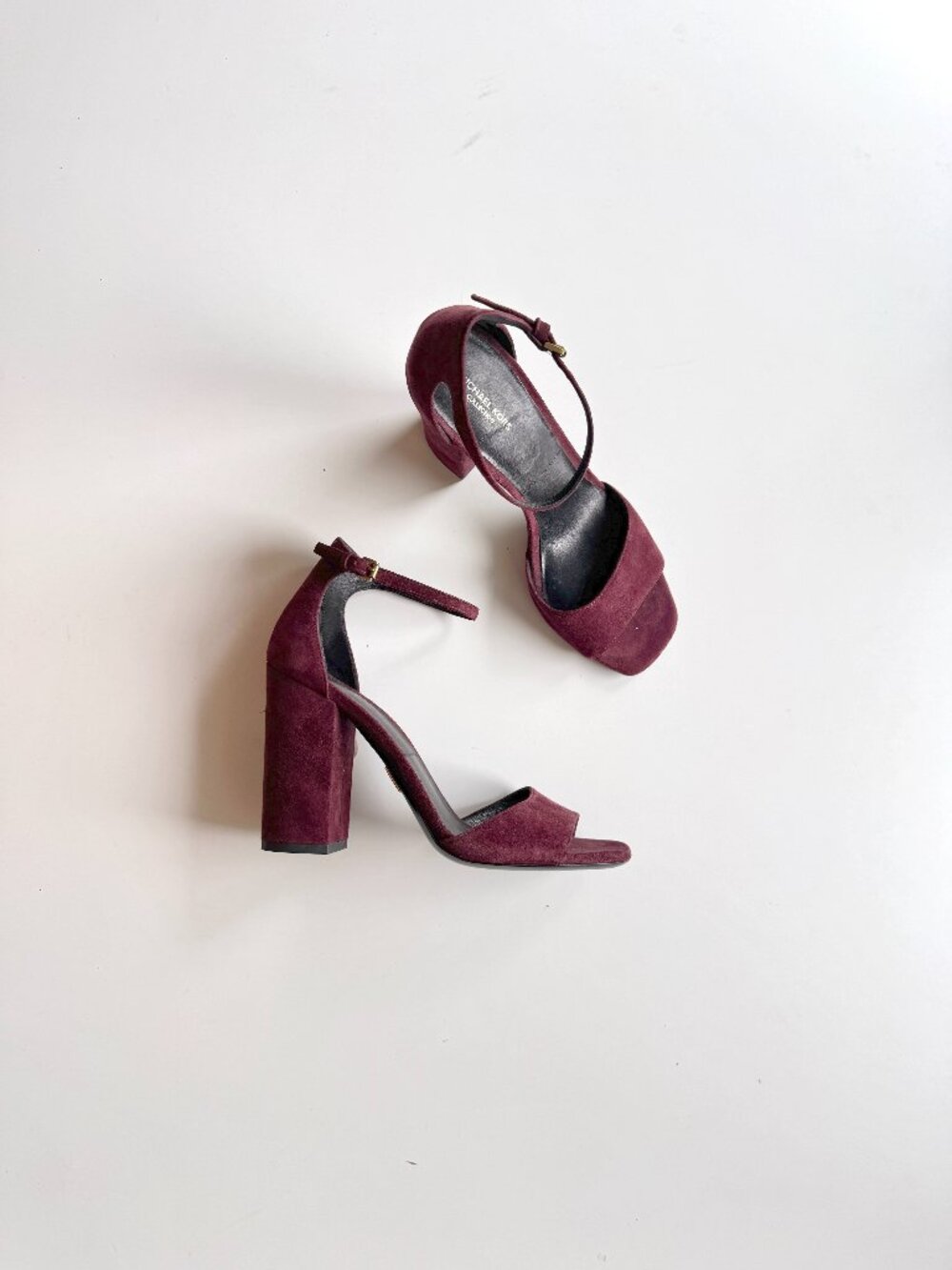 MICHAEL KORS COLLECTION Rosa Maroon Suede High Block Heel Sandals, Size 37